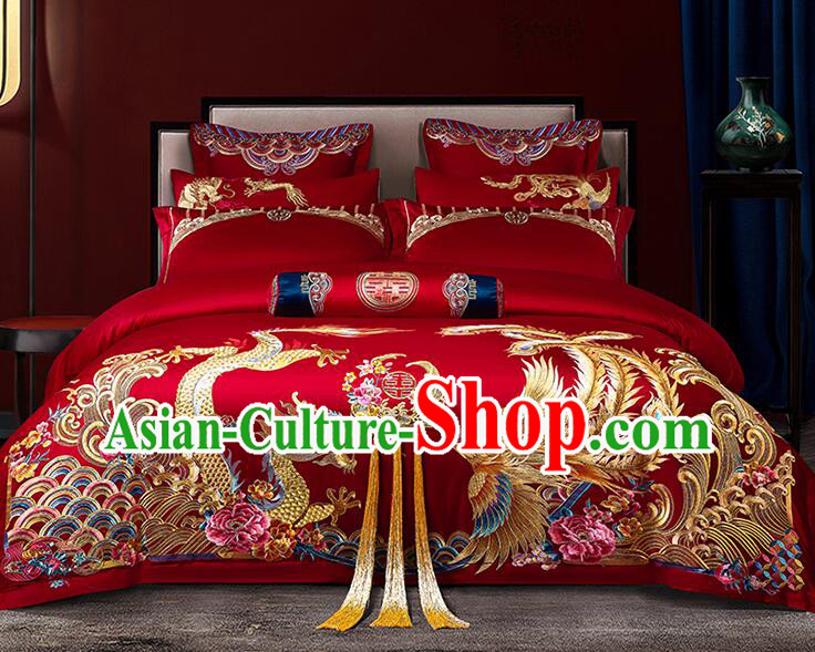 Chinese Embroidery Dragon and Phoenix Peony Red Four Pieces Set Long Staple Cotton Bedding Items Top Wedding Bedclothes