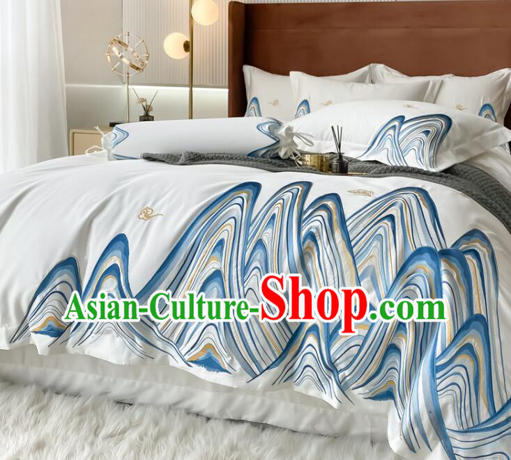 Top Long Staple Cotton Bedclothes Chinese Embroidery Landscape White Four Pieces Bedding Items Set