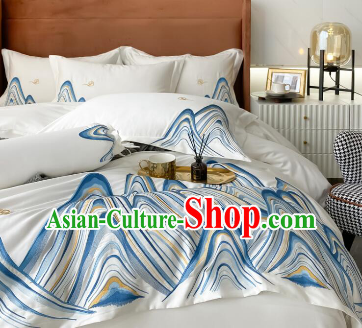 Top Long Staple Cotton Bedclothes Chinese Embroidery Landscape White Four Pieces Bedding Items Set