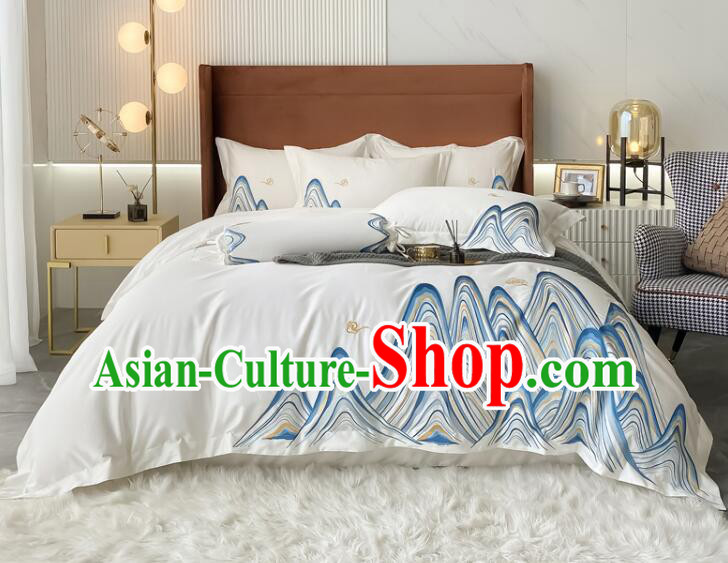 Top Long Staple Cotton Bedclothes Chinese Embroidery Landscape White Four Pieces Bedding Items Set