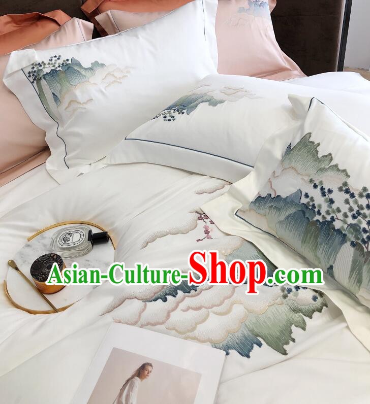Top Cotton Landscape Bedclothes Chinese Embroidery White Four Pieces Bedding Items Set