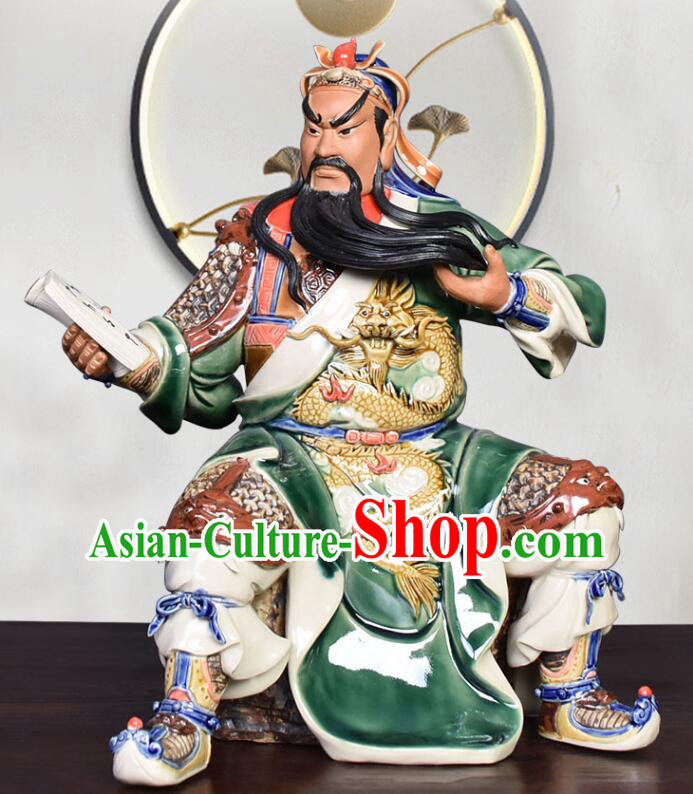 Chinese Shi Wan Ceramic Figurine Handmade Guan Gong Night Reading Sculptures Guan Yu Porcelain Statue Arts