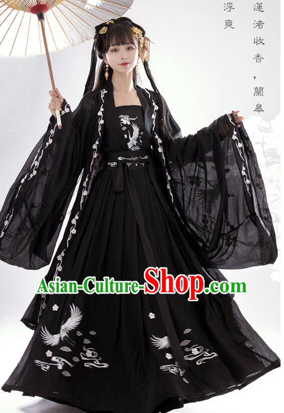 Chinese Tang Dynasty Embroidered Ruqun Black Dresses Traditional Garment Costumes Ancient Princess Hanfu Clothing