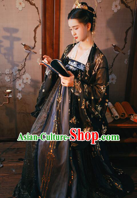 Chinese Ancient Princess Hanfu Clothing Tang Dynasty Ruqun Black Dresses Traditional Garment Costumes