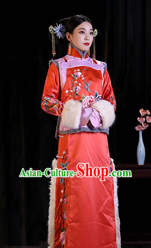 Chinese Ancient Imperial Consort Winter Clothing Court Woman Dress Qing Dynasty Court Empress Red Garment Costumes