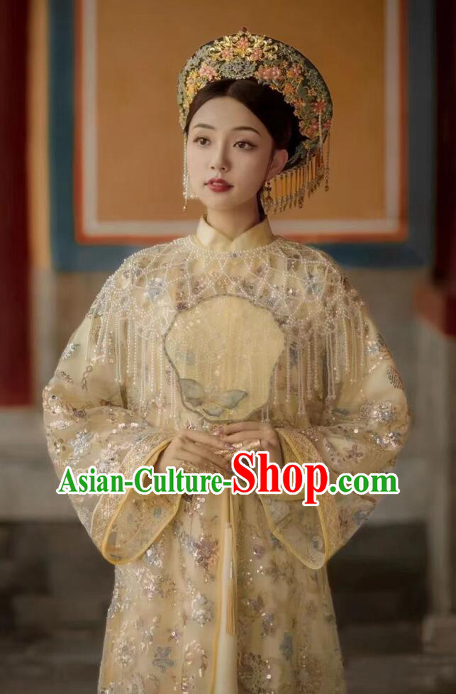 Chinese Qing Dynasty Imperial Consort Garment Costumes Ancient Empress Light Yellow Dresses Traditional Court Woman Clothing