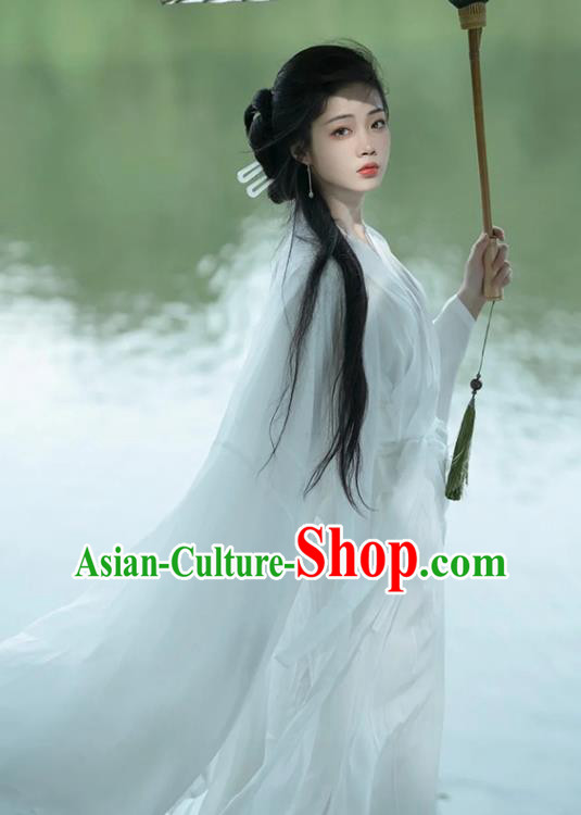 Chinese Traditional Hanfu Dress Jin Dynasty Young Lady Garment Costume Ancient Goddess White Clothing