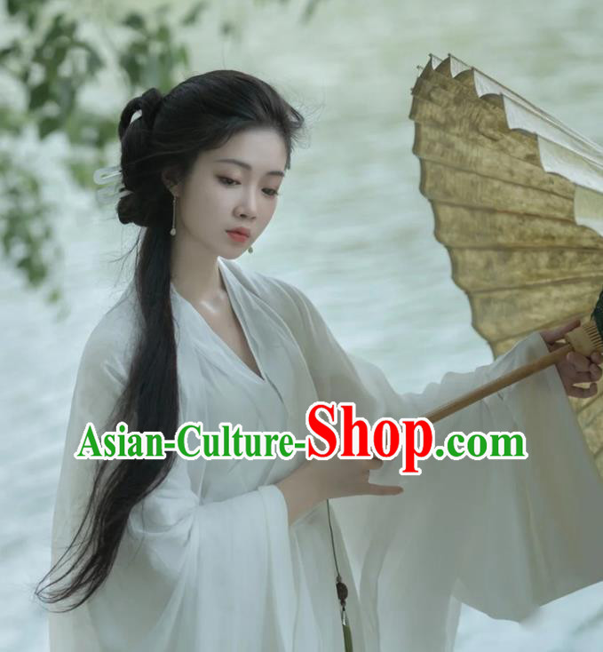 Chinese Traditional Hanfu Dress Jin Dynasty Young Lady Garment Costume Ancient Goddess White Clothing