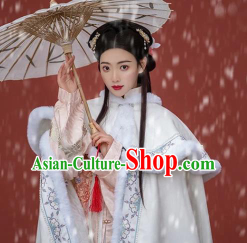 Chinese Ancient Princess Clothing Traditional Winter White Mantle Ming Dynasty Young Lady Embroidered Cloak