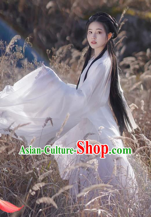 Chinese Jin Dynasty Young Lady Garment Costumes Ancient Princess Clothing Traditional White Hanfu Dress