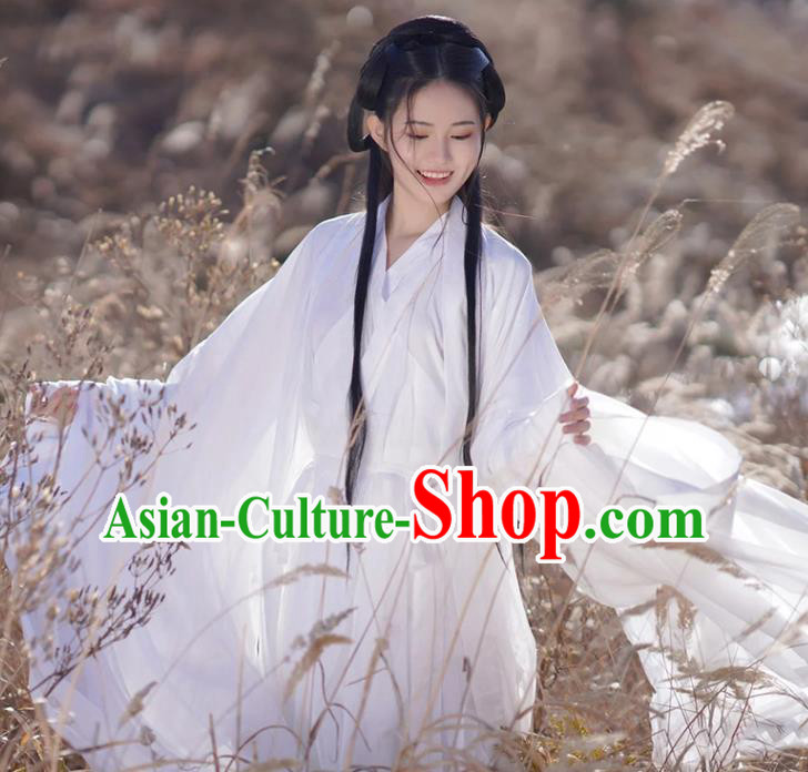 Chinese Jin Dynasty Young Lady Garment Costumes Ancient Princess Clothing Traditional White Hanfu Dress