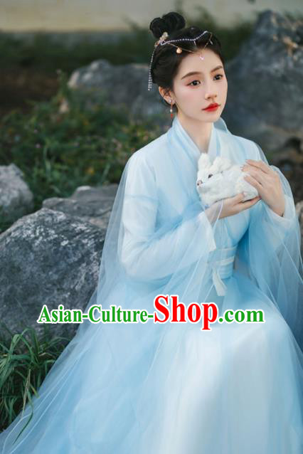 Chinese Ancient Peri Clothing Traditional Blue Hanfu Dress Ming Dynasty Princess Garment Costumes