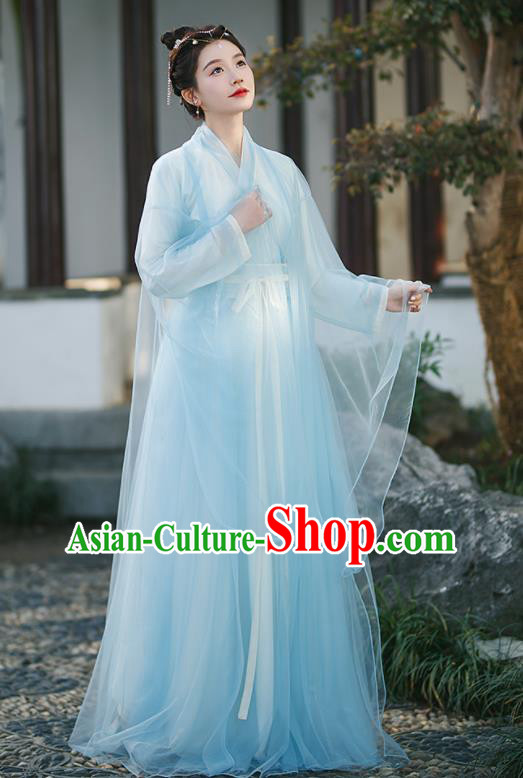 Chinese Ancient Peri Clothing Traditional Blue Hanfu Dress Ming Dynasty Princess Garment Costumes