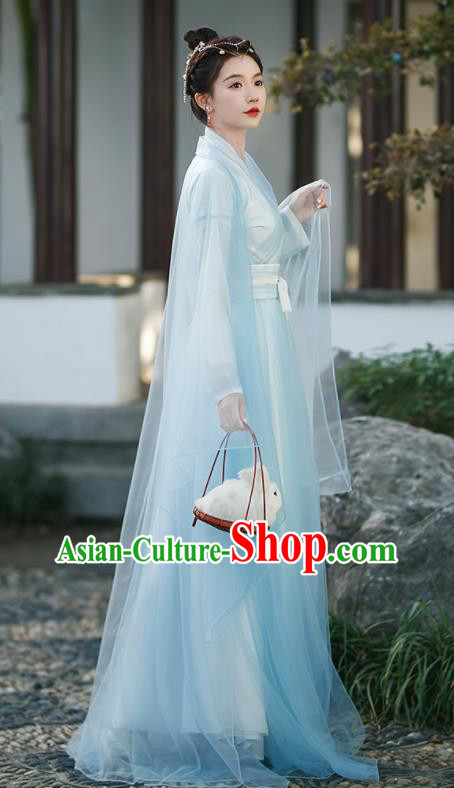 Chinese Ancient Peri Clothing Traditional Blue Hanfu Dress Ming Dynasty Princess Garment Costumes