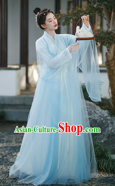 Chinese Ancient Peri Clothing Traditional Blue Hanfu Dress Ming Dynasty Princess Garment Costumes