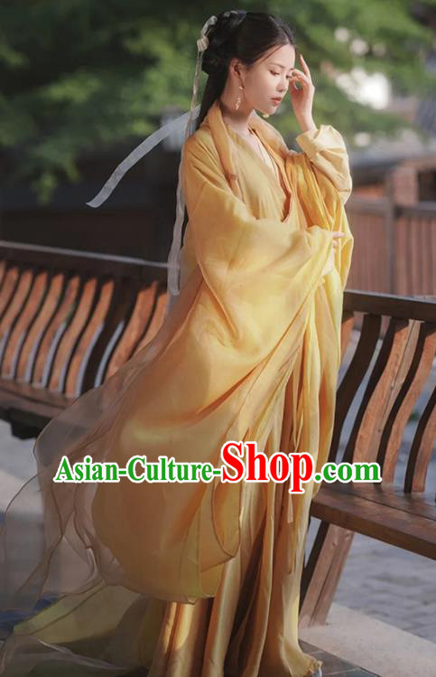 Chinese Jin Dynasty Princess Garment Costumes Ancient Swordswoman Clothing Traditional Yellow Hanfu Dress