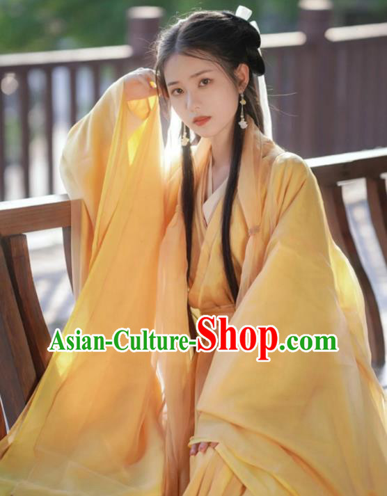 Chinese Jin Dynasty Princess Garment Costumes Ancient Swordswoman Clothing Traditional Yellow Hanfu Dress
