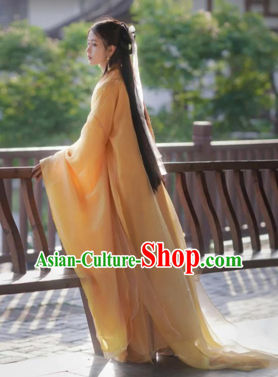 Chinese Jin Dynasty Princess Garment Costumes Ancient Swordswoman Clothing Traditional Yellow Hanfu Dress