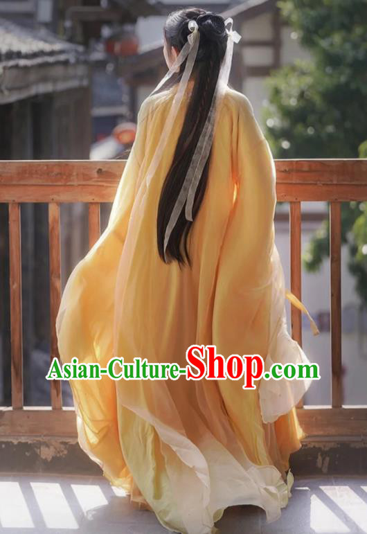 Chinese Jin Dynasty Princess Garment Costumes Ancient Swordswoman Clothing Traditional Yellow Hanfu Dress