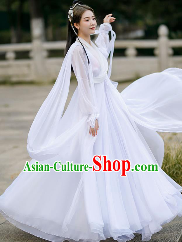 Chinese Traditional White Hanfu Dress Swordswoman Garment Costumes Ancient Fairy Clothing
