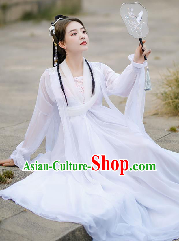 Chinese Traditional White Hanfu Dress Swordswoman Garment Costumes Ancient Fairy Clothing