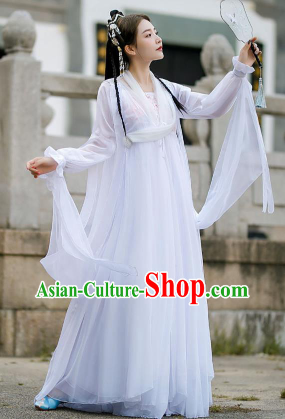 Chinese Traditional White Hanfu Dress Swordswoman Garment Costumes Ancient Fairy Clothing