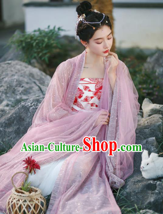 Chinese Tang Dynasty Princess Garment Costumes Ancient Goddess Clothing Traditional Pink Hanfu Dress