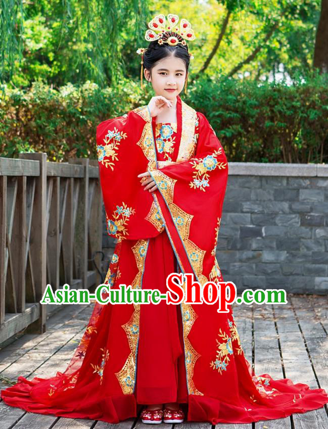 Chinese Ancient Empress Garment Costume Court Trailing Dress Clothing Children Tang Dynasty Princess Fashion