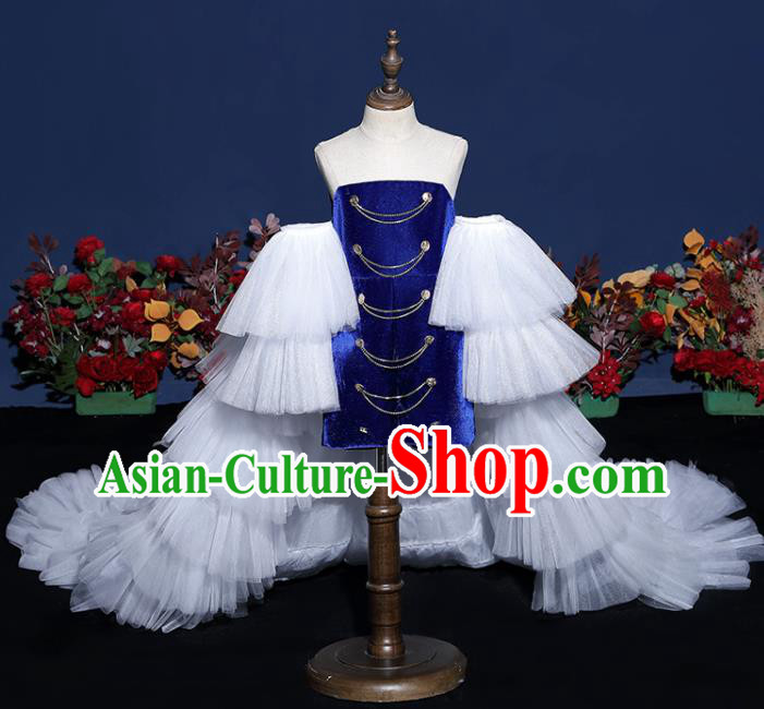 Girls Modern Fancywork Garment Costume Modern Show Clothing Children Fashion Catwalks Royal Blue Velvet Dress