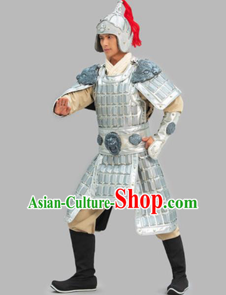Chinese Ancient General Clothing Three Kingdoms Period Warrior Garment Costumes Traditional Argenta Armor and Helmet Complete Set