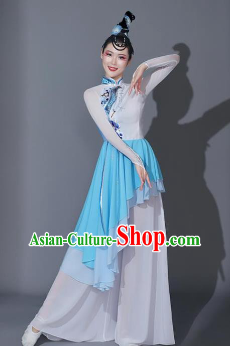 Chinese Classical Dance Garment Umbrella Dance Costumes Fan Dance Blue Dress Dancing Competition Clothing