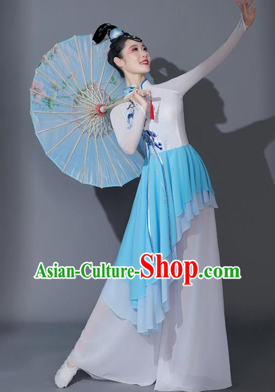 Chinese Classical Dance Garment Umbrella Dance Costumes Fan Dance Blue Dress Dancing Competition Clothing