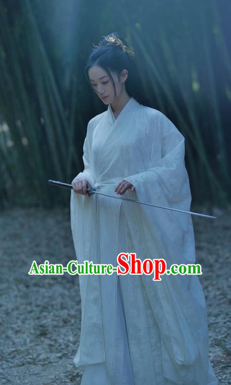 Chinese Ancient Swordswoman White Dress Clothing Love Between Fairy and Devil Xie Wan Qing Garment Costumes