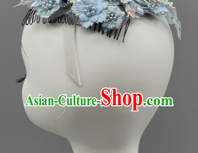 Chinese Woman Solo Dance Blue Headpiece Folk Dance Hair Jewelry Yangko Dance Headdress