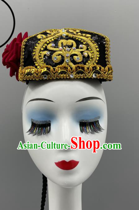 Chinese Xinjiang Dance Hat Uyghur Nationality Dance Black Hat Ethnic Woman Dance Headwear Stage Performance Braids Headpiece