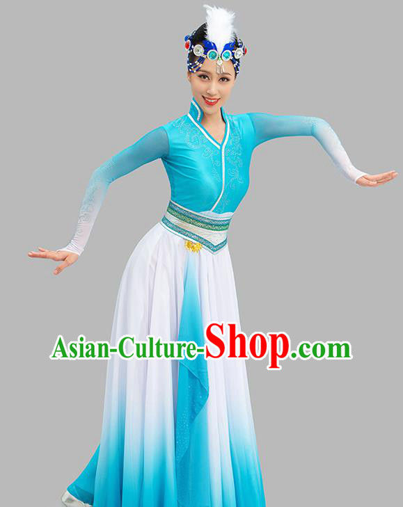 Chinese Mongol Nationality Dance Garment Costume Mongolian Dance Light Blue Dress Ethnic Dance Suit