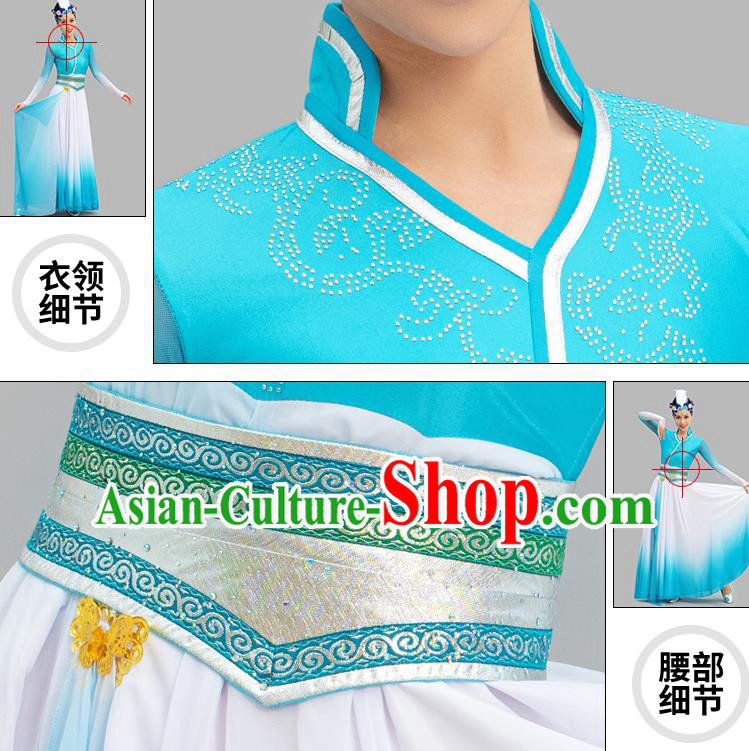 Chinese Mongol Nationality Dance Garment Costume Mongolian Dance Light Blue Dress Ethnic Dance Suit