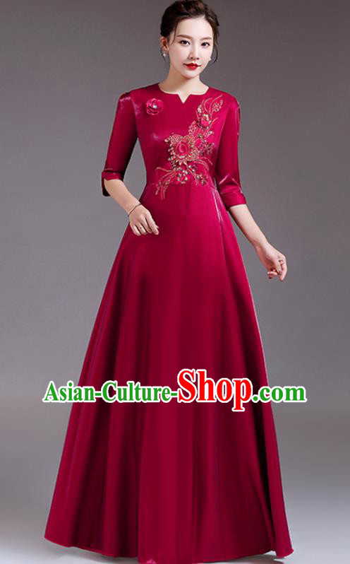 Professional Compere Wine Red Full Dress Stage Performance Garment Women Chorus Group Clothing