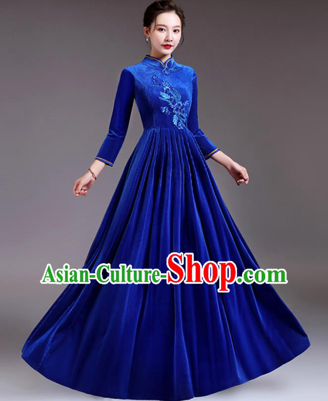 Professional Women Chorus Group Clothing Compere Royal Blue Velvet Dress Top Stage Performance Garment