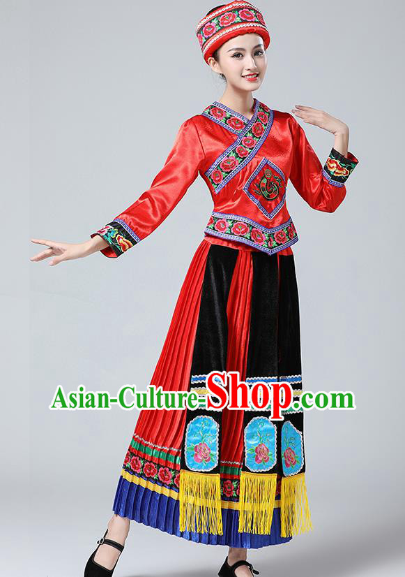 China Guangxi Minority Festival Costume Zhuang Nationality Dance Red Dress Ethnic Women Clothing