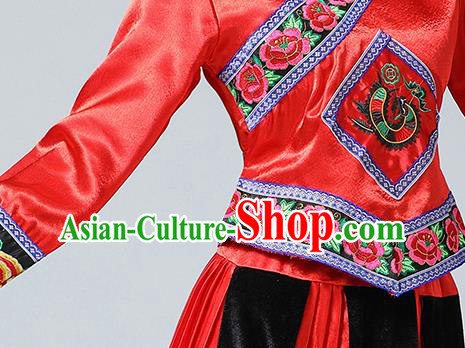 China Guangxi Minority Festival Costume Zhuang Nationality Dance Red Dress Ethnic Women Clothing