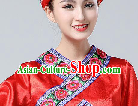 China Guangxi Minority Festival Costume Zhuang Nationality Dance Red Dress Ethnic Women Clothing
