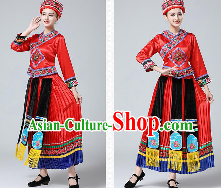 China Guangxi Minority Festival Costume Zhuang Nationality Dance Red Dress Ethnic Women Clothing