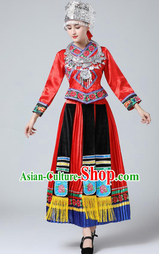 China Guangxi Minority Festival Costume Zhuang Nationality Dance Red Dress Ethnic Women Clothing