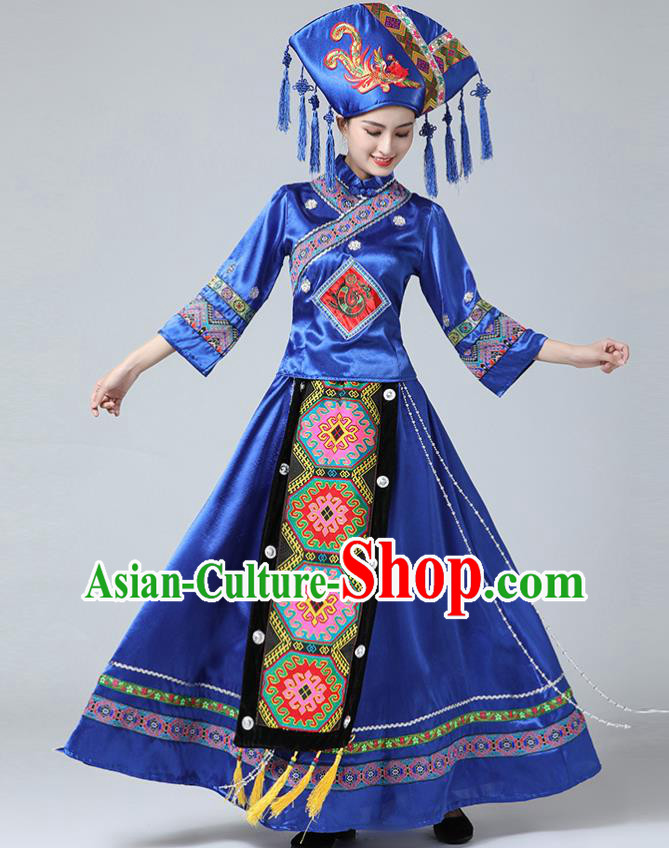 China Zhuang Nationality Dance Blue Dress Ethnic Wedding Women Clothing Guangxi Minority Festival Costume