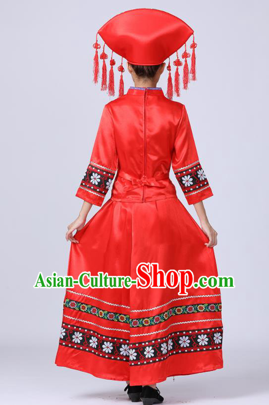 China Yi Nationality Women Red Dress Ethnic Festival Clothing Yunnan Minority Folk Dance Costume