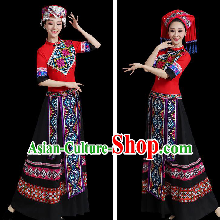China Ethnic Women Festival Clothing Yunnan Minority Folk Dance Costume Yao Nationality Red Dress