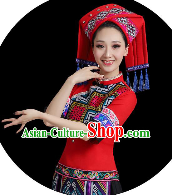 China Ethnic Women Festival Clothing Yunnan Minority Folk Dance Costume Yao Nationality Red Dress