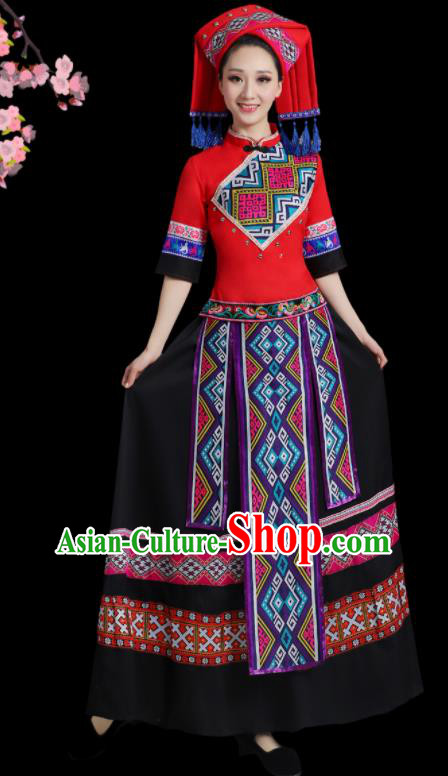 China Ethnic Women Festival Clothing Yunnan Minority Folk Dance Costume Yao Nationality Red Dress