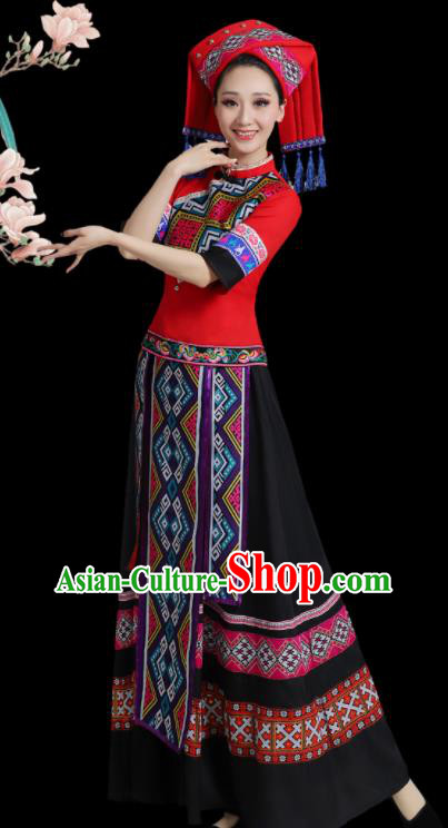 China Ethnic Women Festival Clothing Yunnan Minority Folk Dance Costume Yao Nationality Red Dress